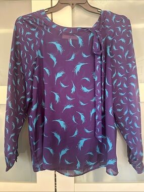 LOFT Purple Blouse with Turquoise Feather Print and Tie Neck